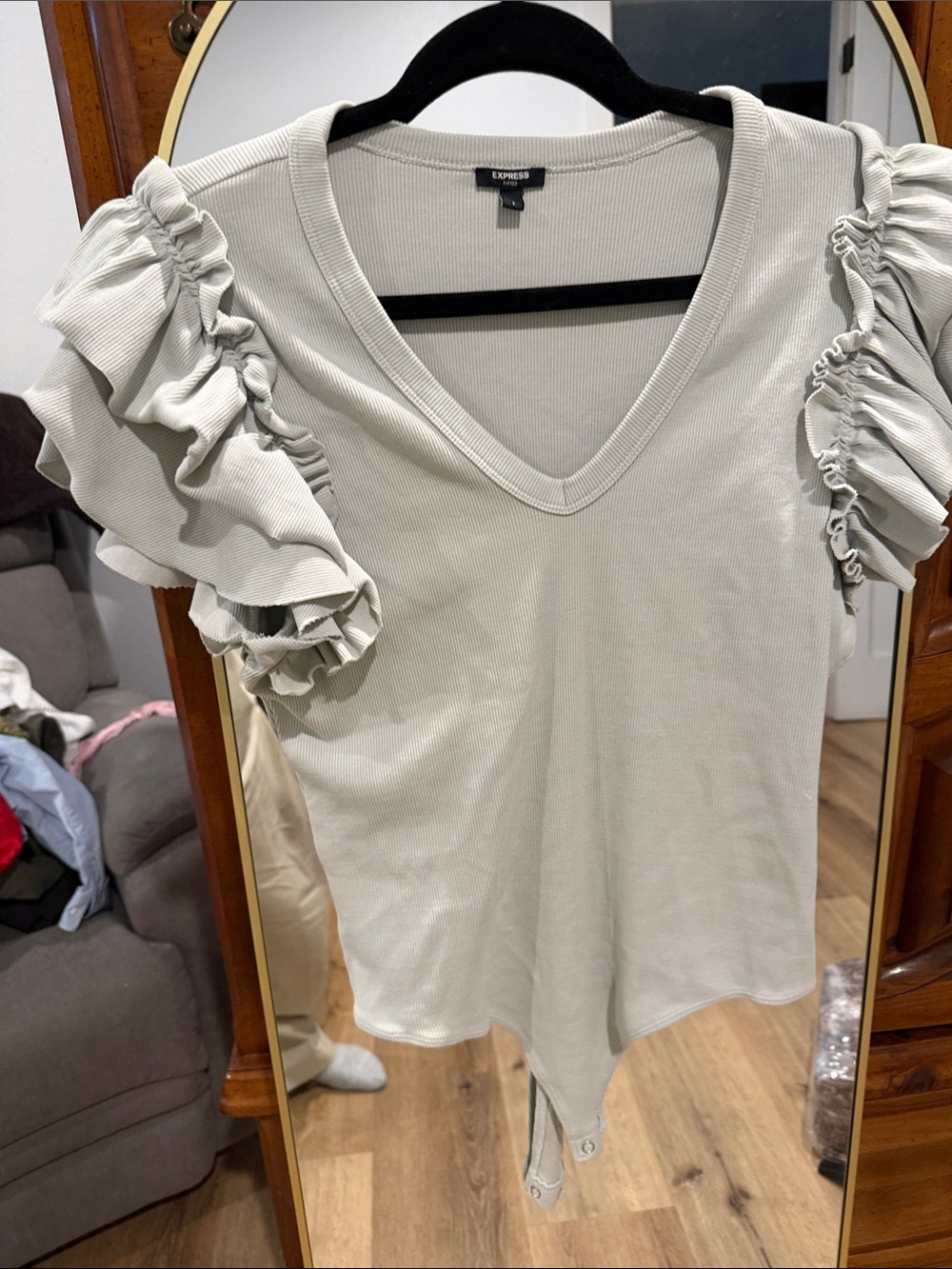 Express Light Gray Ruffle-Sleeve V-Neck Bodysuit